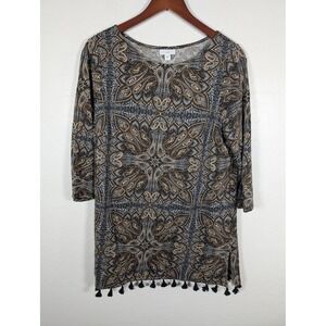 J Jill Tunic Top Womens Medium Paisley Print Tassel Hem Boho 3/4 Sleeve